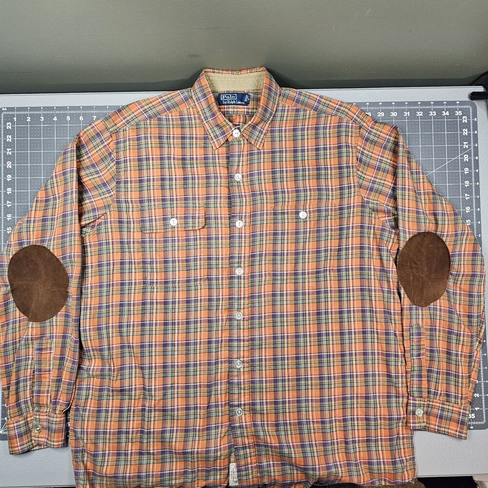 Vintage Polo Country Shirt Mens XL Orange Plaid Preppy Academia Elbow Patches